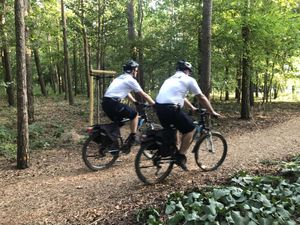 policjanci na rowerach jadą przez park