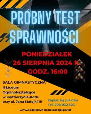 Ogłoszenie o przeprowadzanym 26 sierpnia 2024 r. o godz. 16:00 próbnym teście sprawności fizycznej  do policji