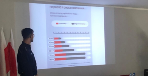 zdjęcie kolorowe- na nim  funkcjonariusz policji przedstawiający prezentacje.